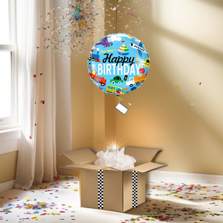 BOX BALLON ROND HAPPY BIRTHDAY VEHICULES - TRESOR SURPRISE - TRÉSOR SURPRISE