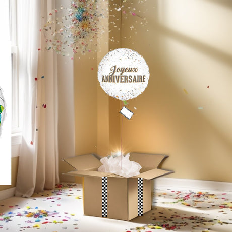 BOX BALLON ROND JOYEUX ANNIVERSAIRE CONFETTI - TRESOR SURPRISE - TRÉSOR SURPRISE